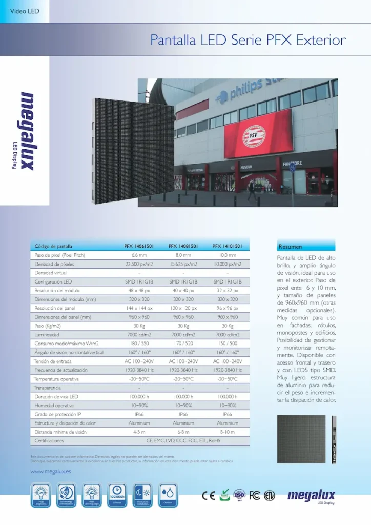 Ficha Pantalla led serie PFX Exterior